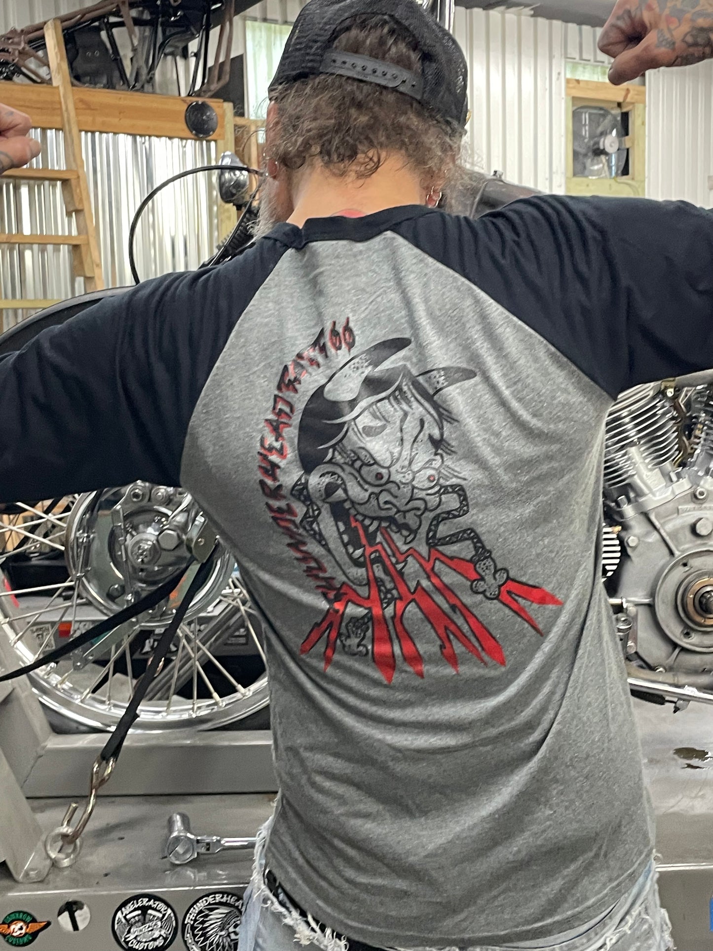 Thunderhead Tattoo Unisex grey on black baseball T Double sided